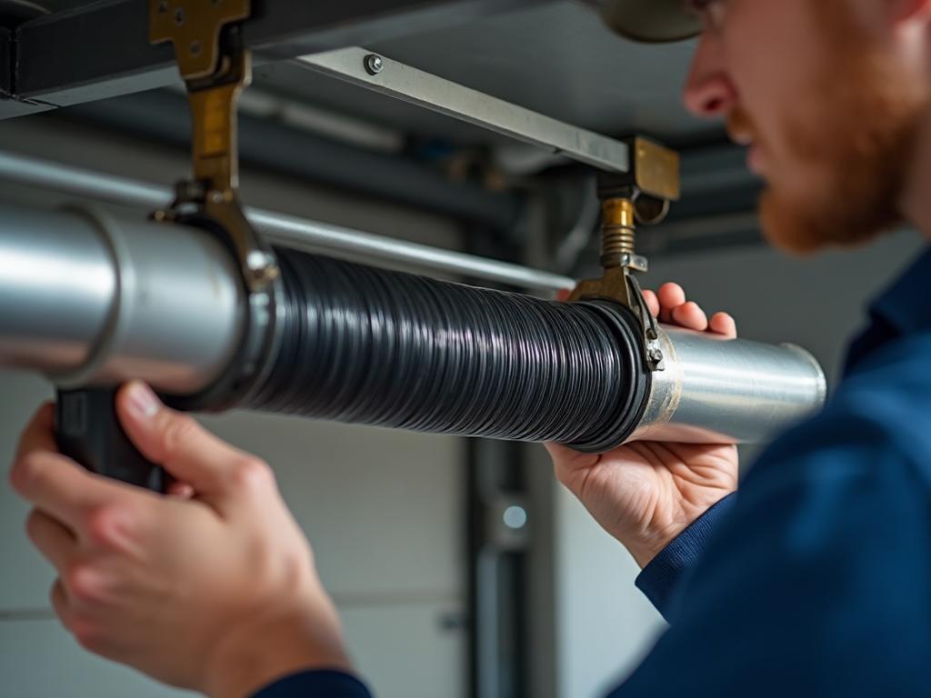 Professional technician repairing garage door spring